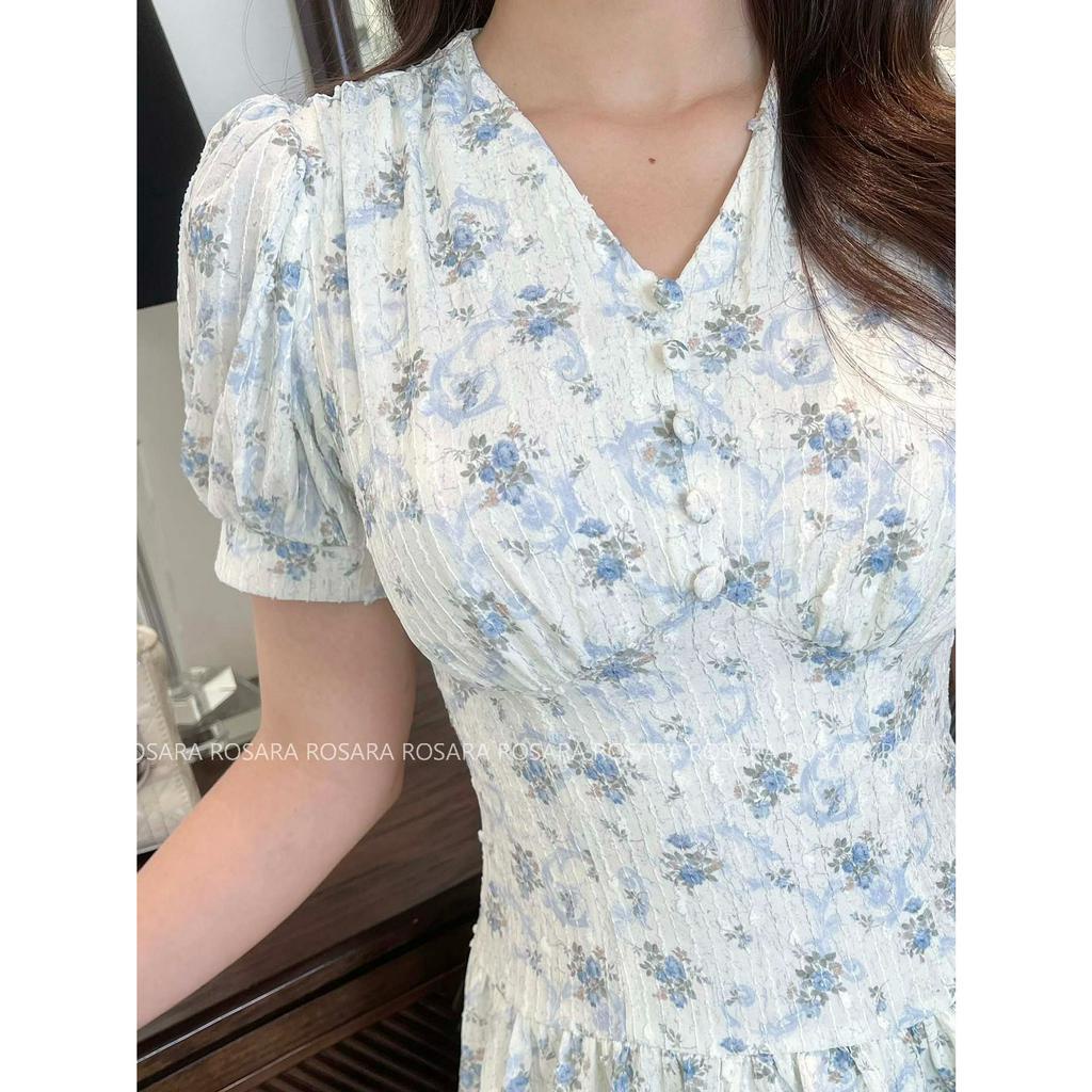 Váy Đầm Trắng Ngắn Tay Họa Tiết Hoa Xanh Dáng Xòe Thời Trang Nữ Rosara VA70
