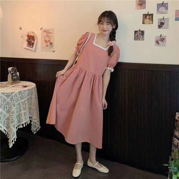 Đầm Maxi Xòe Tay Ngắn, Cố Vuông Viền Ren Màu Trơn SP028589 - SP028595 | BigBuy360 - bigbuy360.vn