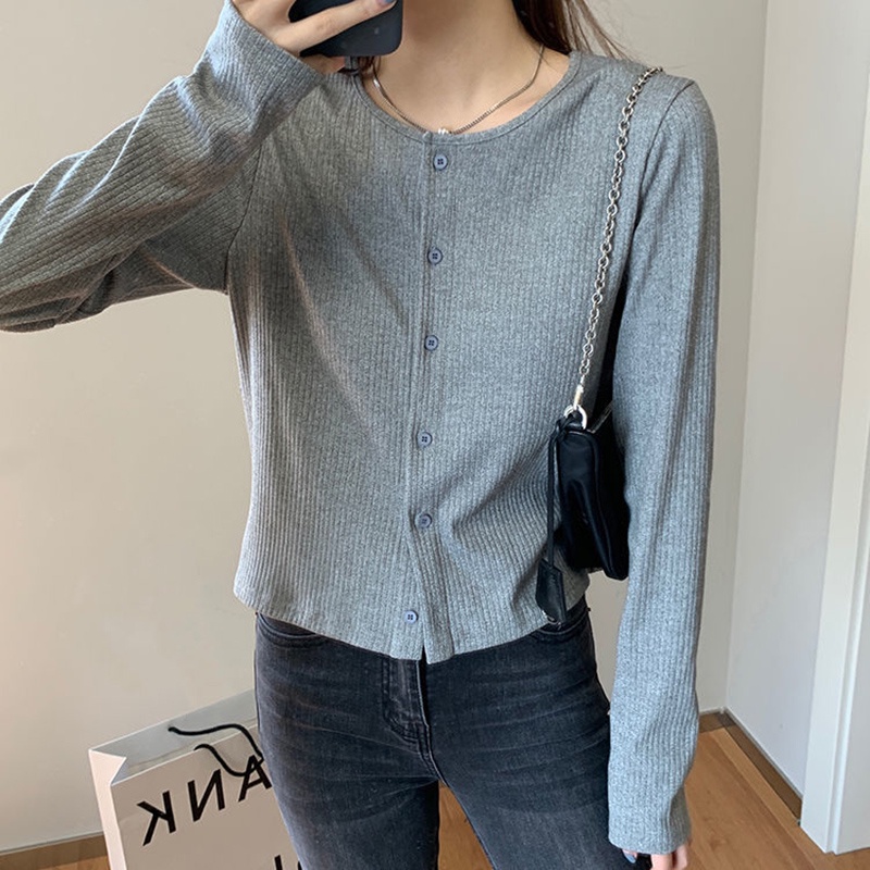 Áo cardigan IELGY dáng ôm vải cotton dệt kim sọc gân tay dài cổ tròn phối nút cài co giãn cho nữ