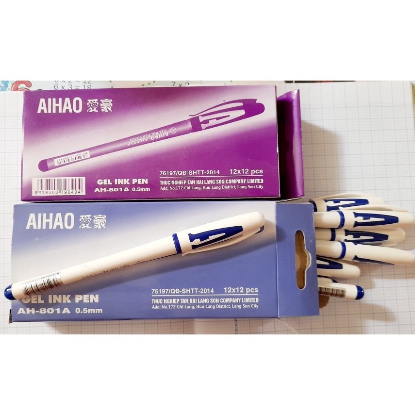 Hộp 12 cây bút gel chữ A Aihao nét đều đẹp viết êm (mực xanh/tím/đỏ/đen)