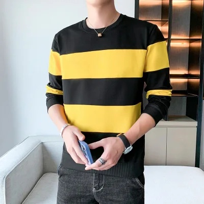 Áo Thun Dài Tay Cổ Tròn Họa Tiết Kẻ Sọc Màu Sắc Tương Phản Thời Trang Thu Đông Cho Nam