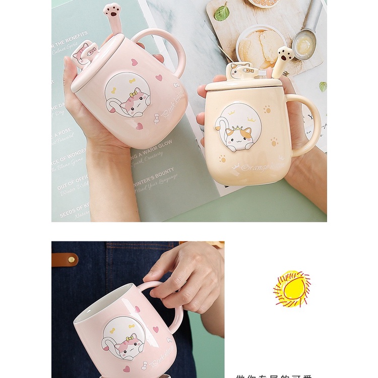 Ly sứ mèo siêu Cute kèm nắp sứ và muỗng Inox