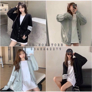 Áo cardigan mỏng kẻ sọc celeb thom browne - áo khoác len cardigan cổ tim sọc tay đen xám