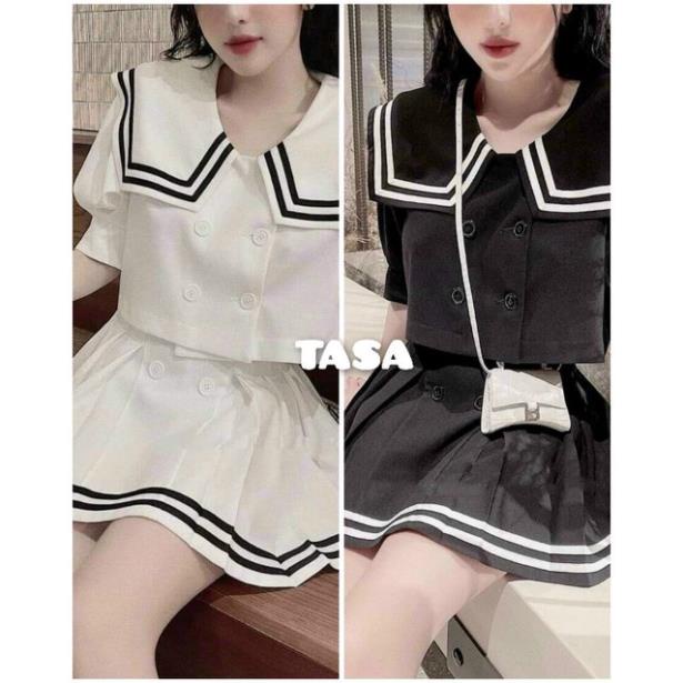 TTO-Ảnh thật - set áo croptop dáng thủy thủ mix chân váy ngắn xếp li - set bộ thủy thủ tiểu thư chất đũi mát (đen, trắng