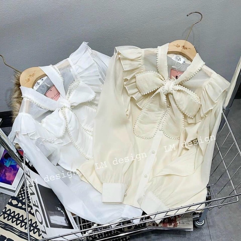Áo sơ mi tiểu thư cổ nơ đính ngọc
