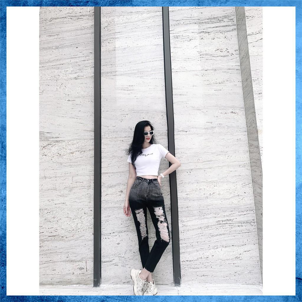 [Jeans nữ thiết kế] Quần baggy jeans rách, quần bò lưng cao túi chéo màu khói loang. Mã D6160