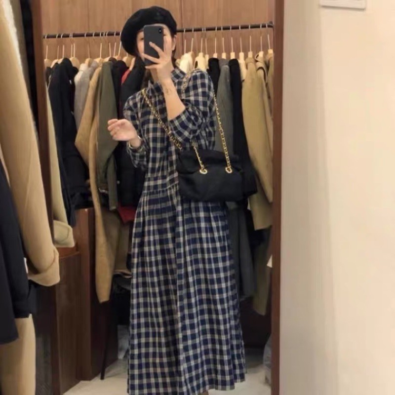 Order | Đầm caro dài tay dáng dài xếp ly