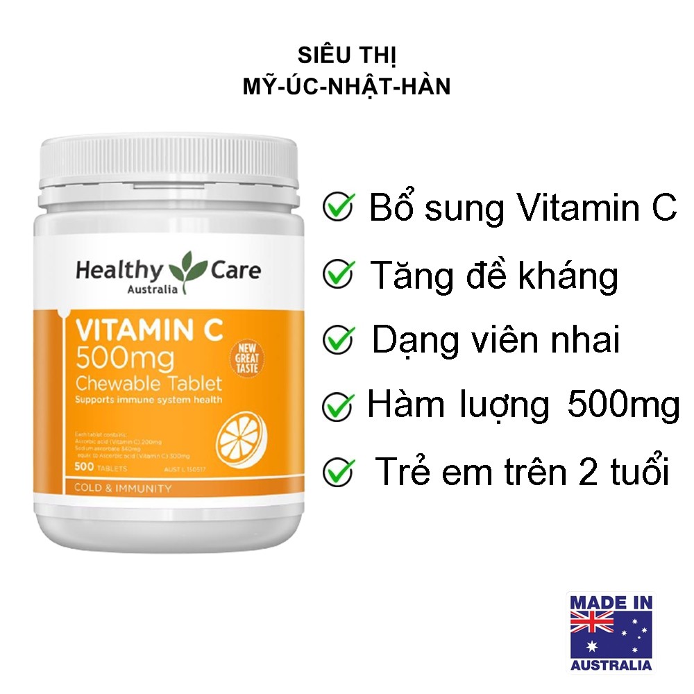 Vitamin C (500v) tăng cường đề kháng, đẹp da cho người từ 2 tuổi trở lên Healthy Care Vitamin C 500mg, Úc