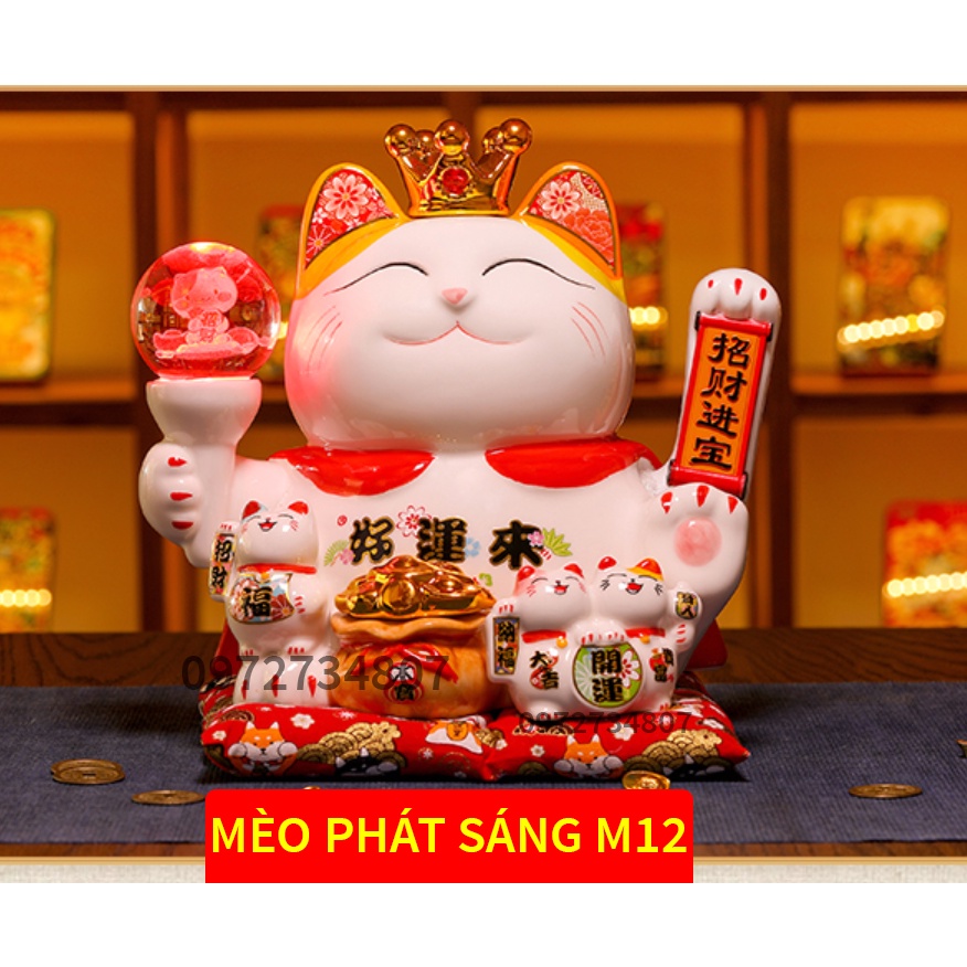 Mèo Thần Tài Vẫy Tay Phát Sáng Gốm Sứ Cao Cấp  size 27 cả đệm