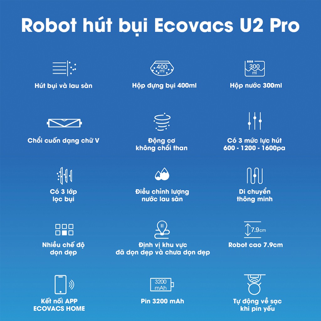 Robot hút bụi lau nhà Ecovacs Deebot U2 Pro_Hàng chính hãng Ecovacs, mới nguyên seal 100%