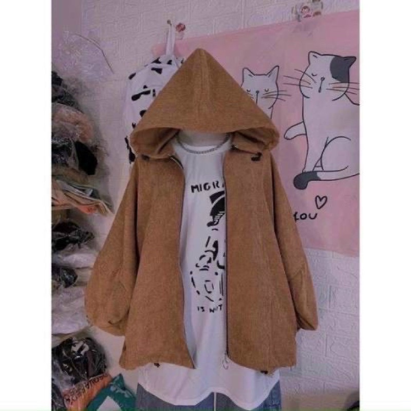 Áo khoác nhung tăm có nón dây rút tay bo