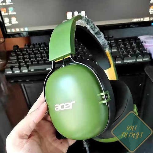 Tai nghe gaming chính hãng Acer có micro, tai nghe chụp tai có led phong cách phi công màu xanh rêu, trắng