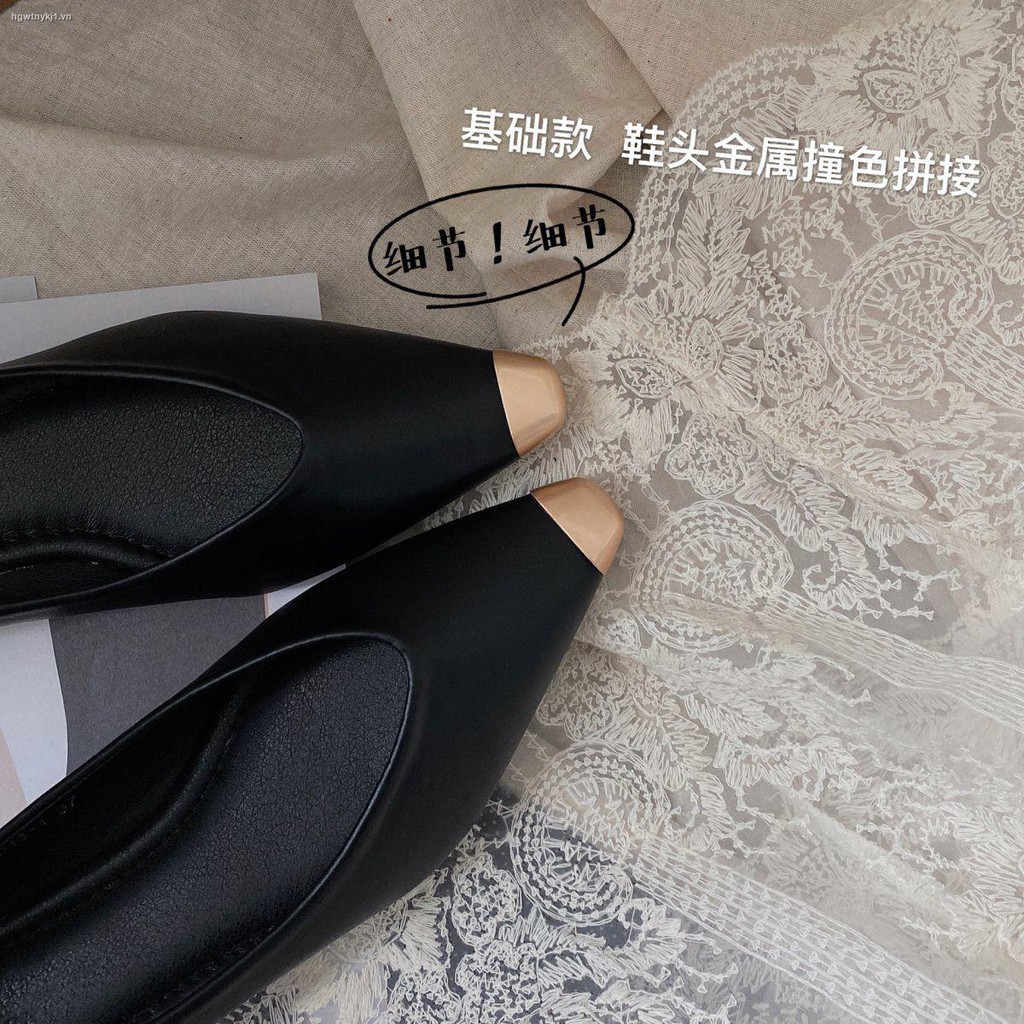 ✴▧2021 early spring new black series Han Dongdaemun pointed round buckle bow rivet single shoes high heels commuter OL