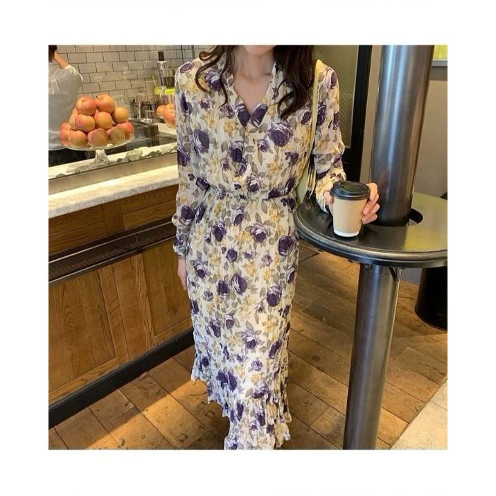 NRVP Váy voan cổ chữ V họa tiết hoa thời trang mùa hè 2020 trẻ trung