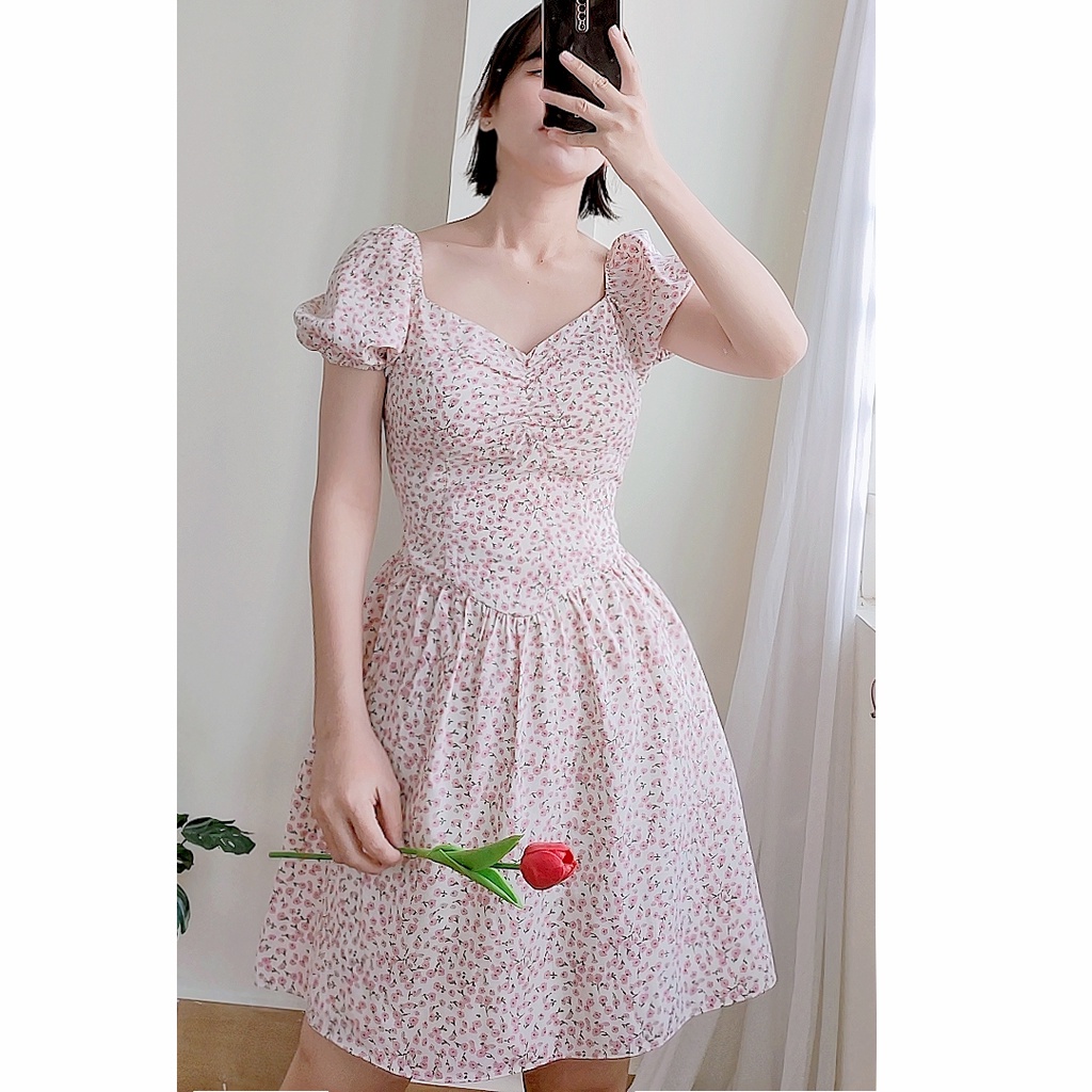 Đầm xoè hoa nhí dễ thương tay phồng hot trend RD009