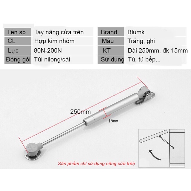 Tay nâng chống cánh tủ piston 80N, 100N, 120N, 150N ( pittong thuỷ lực)