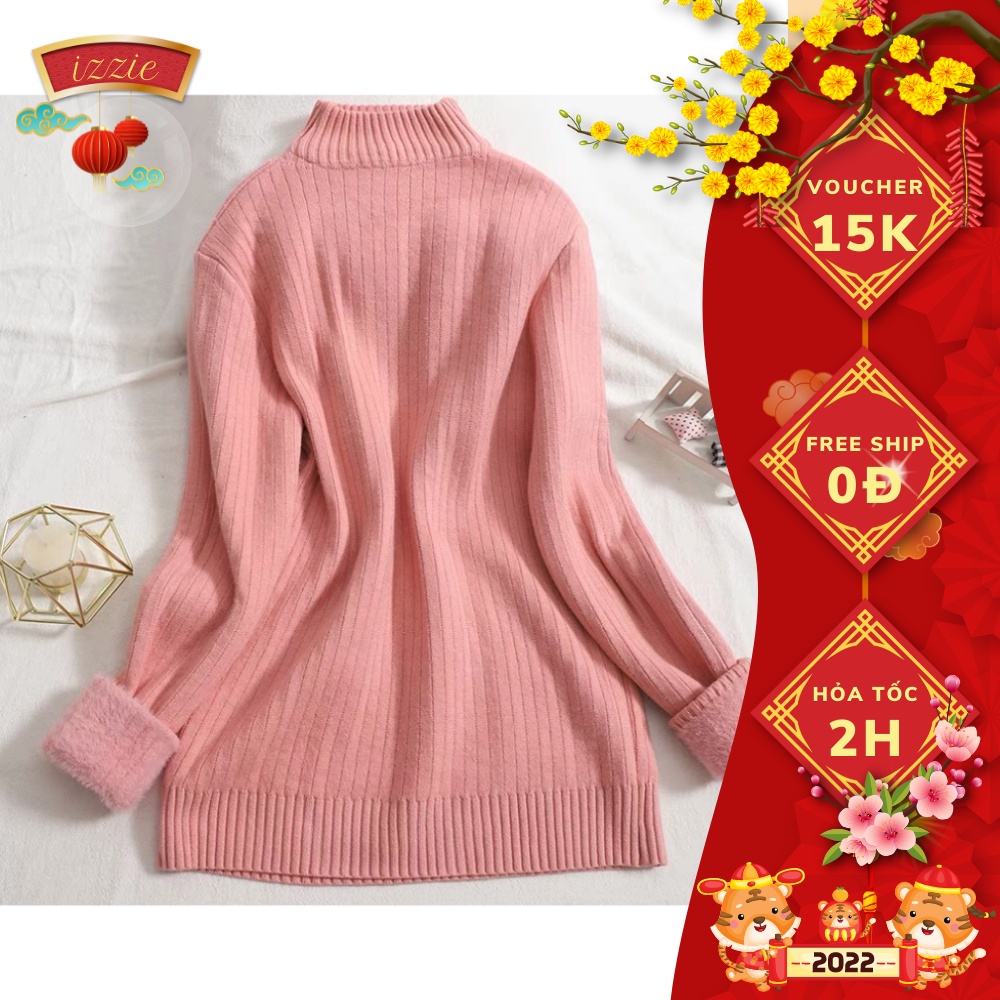 Áo len dài tay cổ cao 5cm lót lông dày dặn izzie A130 mềm mịn co dãn thoải mái, mặc mùa đông lạnh