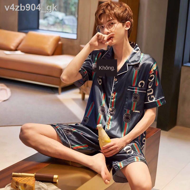 Cặp đôi pyjama lụa băng ngắn tay nam mùa hè hai mảnh mô phỏng phần mỏng gợi cảm cộng với kích thước phục vụ tại nhà "