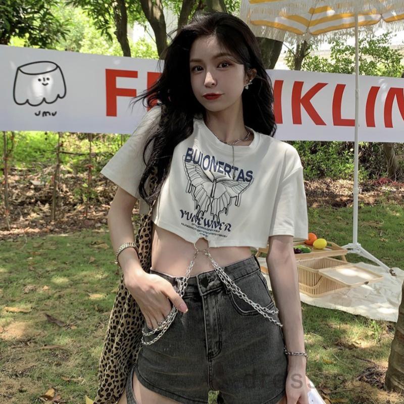 DRE-Women Summer T-Shirt , Short Sleeve Round Collar Butterfly Letters Print Metal Chain T-Shirt