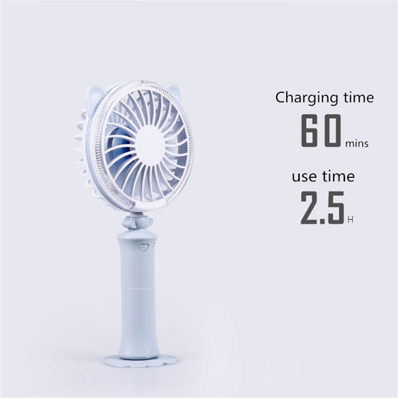 Quạt mini cầm tay sạc điện USB dáng con Mèo có đèn LED đổi màu có thể để trên bàn