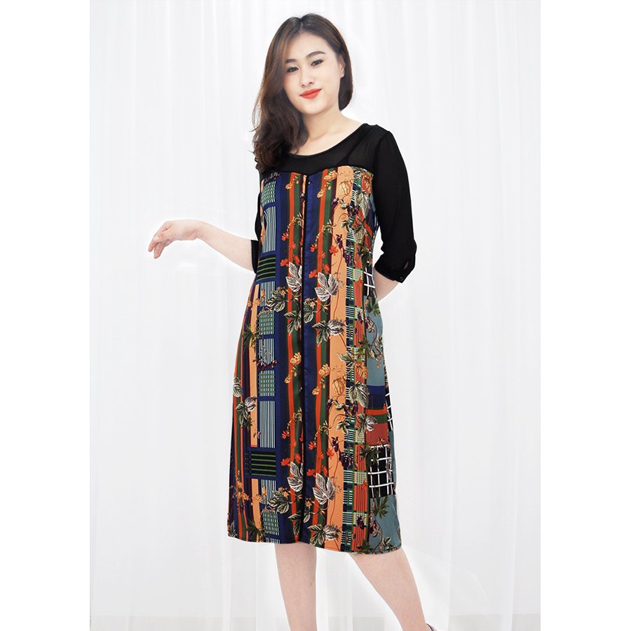 GOTI - Đầm Trung Niên Cao Cấp Dáng Suông Dài Rộng, Có Túi, Cổ Tròn, Tay Lỡ, Vải Lụa Cao Cấp In Hoa Tiết Hoa Lá 3071