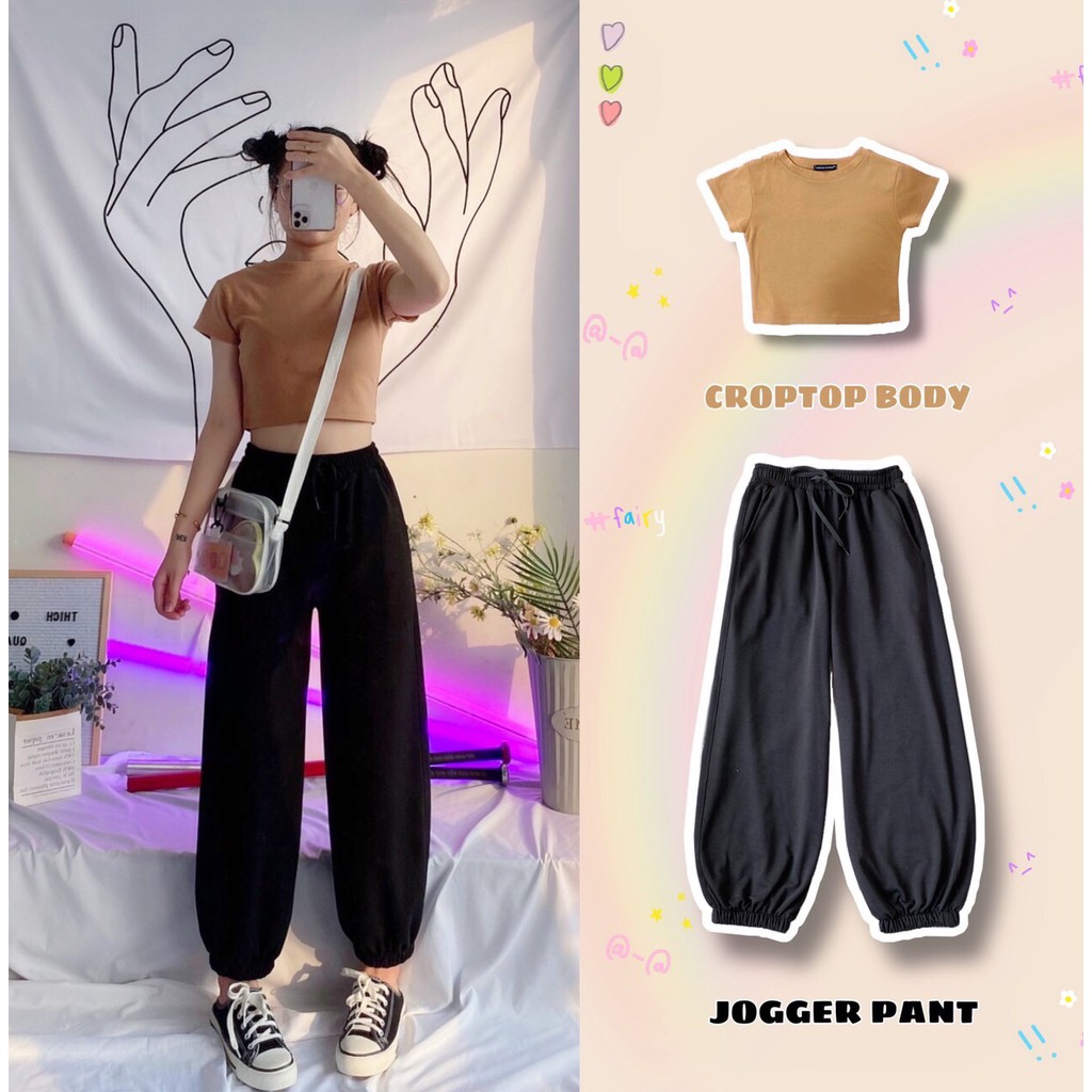 Set Bộ Áo Croptop Body Kèm Quần Jogger Trơn Bo Lai Dáng Rộng - MM