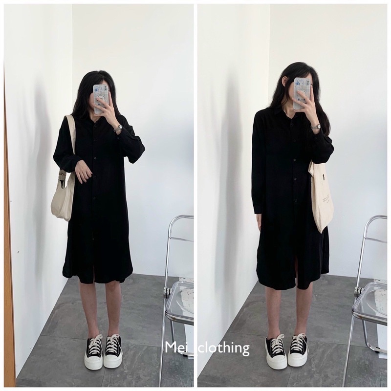 [Ảnh thật/video] váy sơmi lụa Hàn Quốc dáng dài qua gối