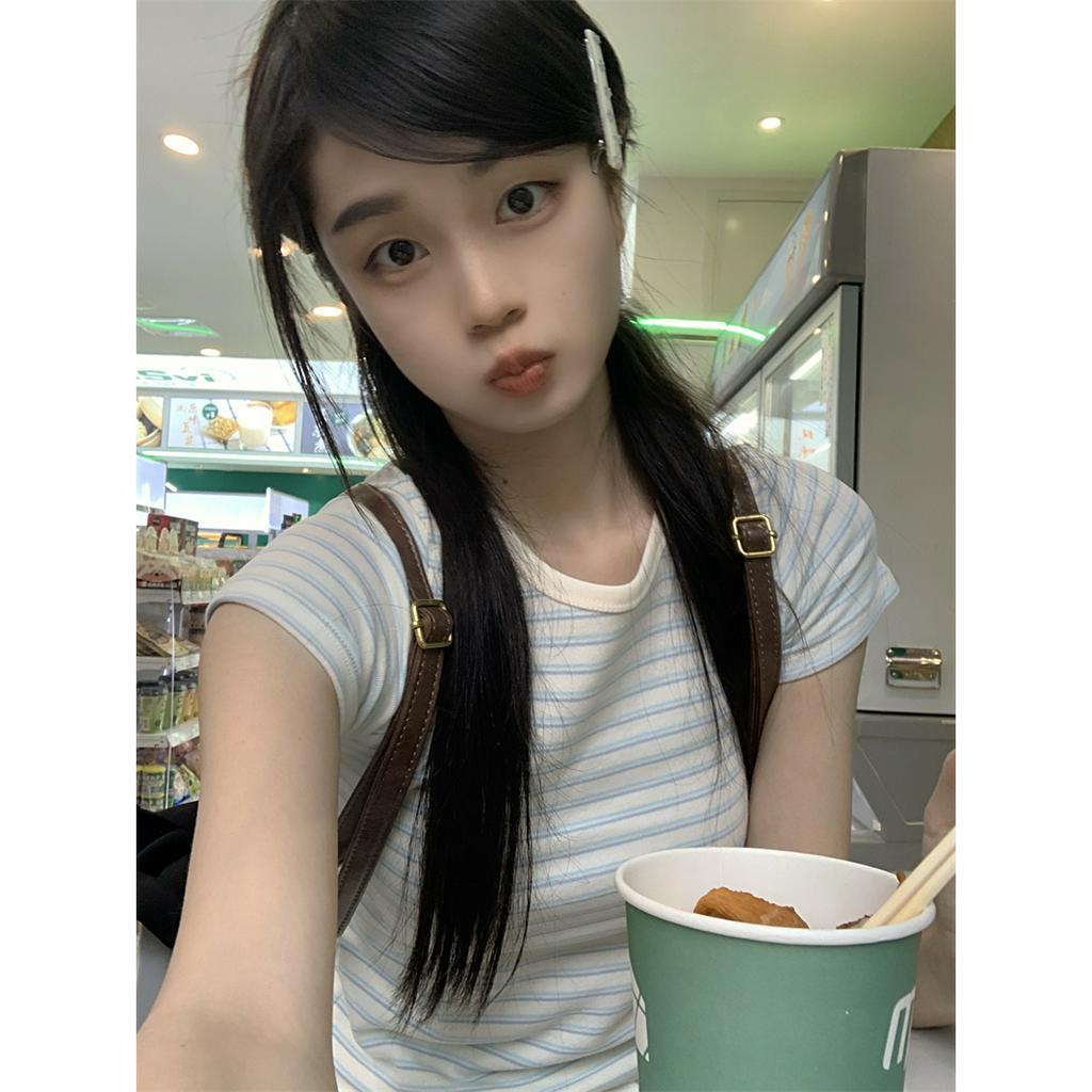 Xiaozhainv Áo Thun Tay Ngắn Cổ Tròn Họa Tiết Kẻ Sọc Đơn Giản Thời Trang Hàn Quốc Cho Nữ