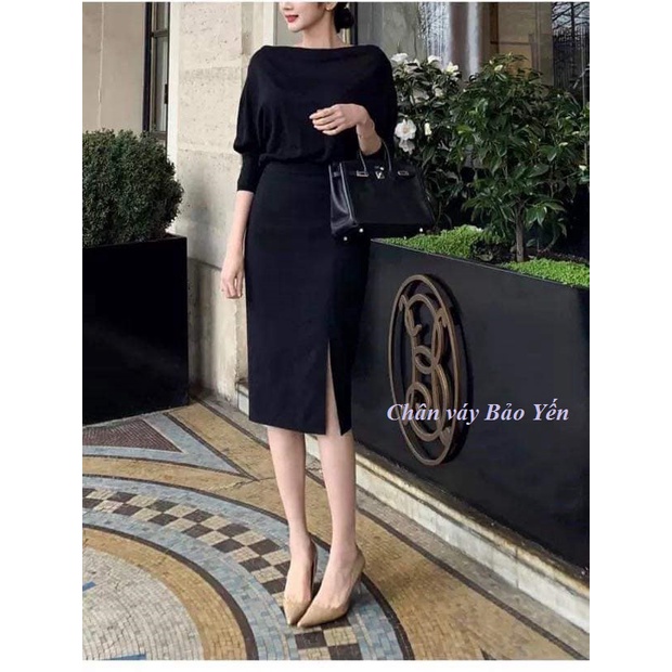Chân váy bút chì suông 60cm xẻ đùi màu đen( sẵn size)- M50