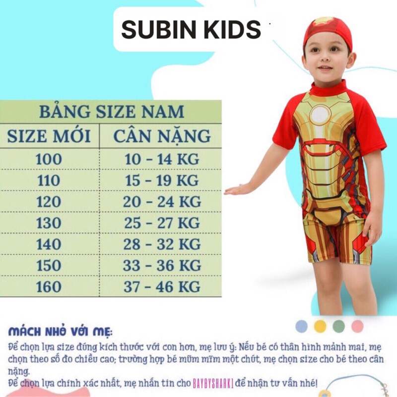 (hàng sẵn) Bộ bơi liền thân bé trai siêu nhân BBT001 BBT002 BBT003 sz 10-46kg (hàng QC, xấu hoàn hàng) SUBIN KIDS