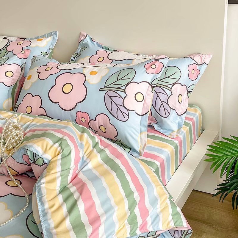 Chăn ga gối cotton poly - Mẫu thỏ hoa hồng