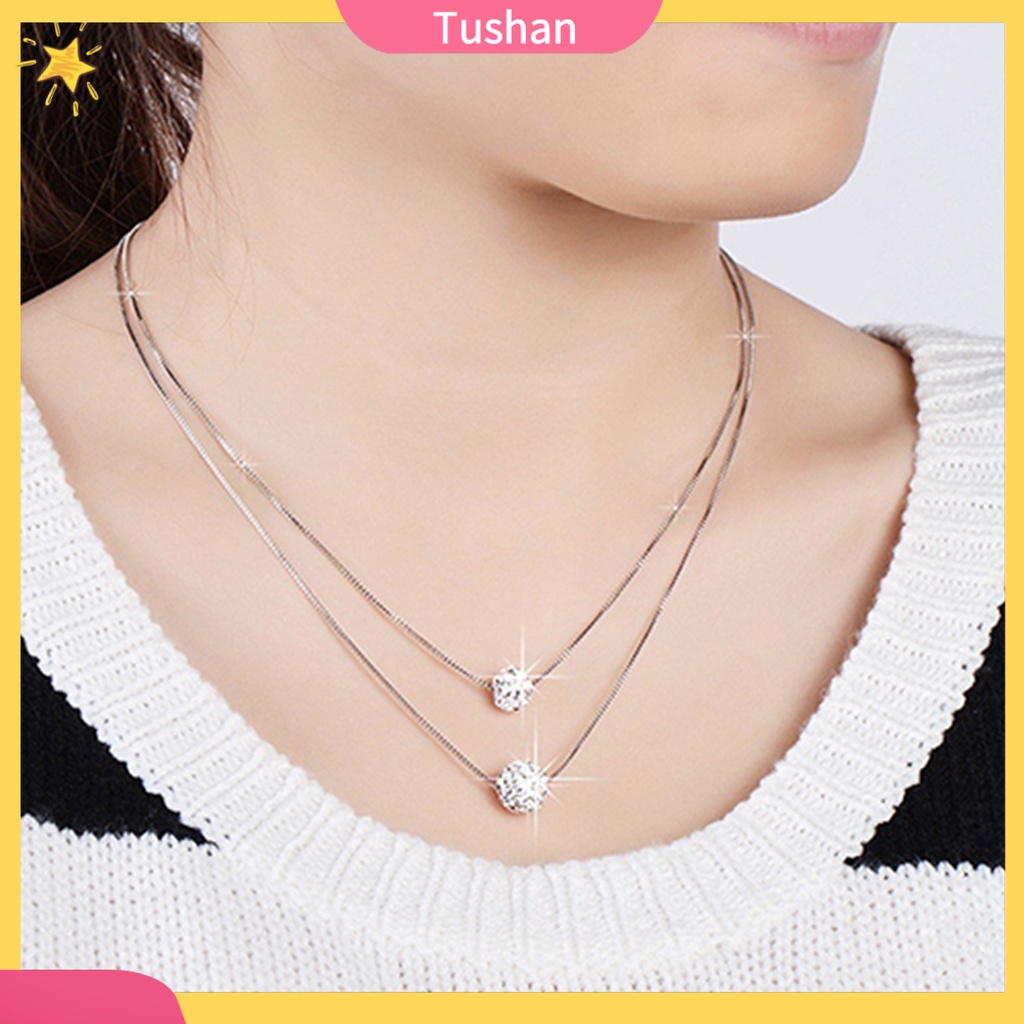 TUSH_Women's Simple Luxury Inlaid Rhinestone Bead Double-layer Chain Necklace Jewelry