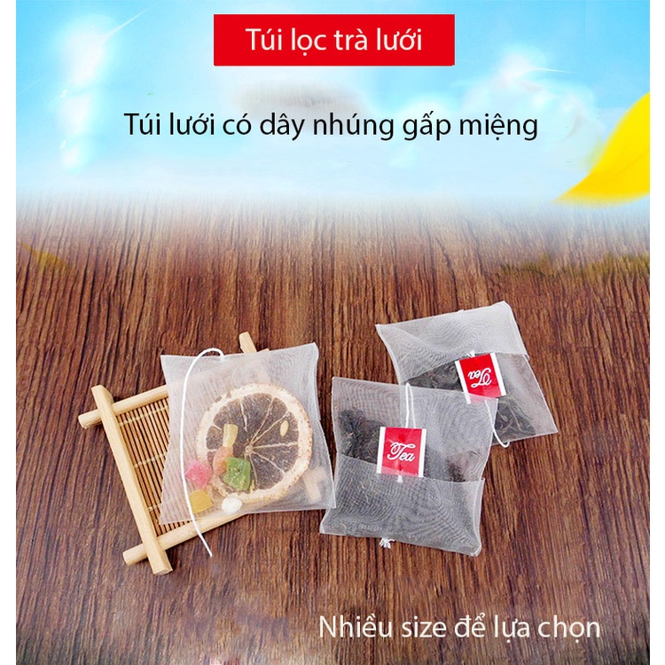 Túi lọc trà, thảo dược có dây nhúng Gấp Miệng, chất liệu loại Lưới an toàn, lọc thảo dược trà, 100 túi/sp - HVL TEA