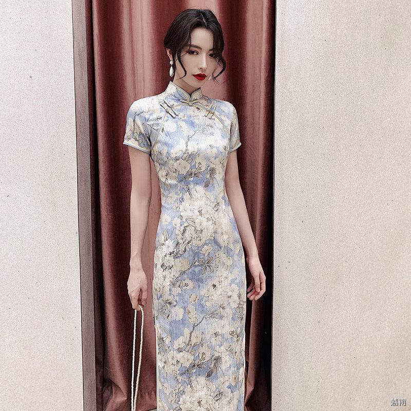 ☌┅✑2021 phong cách mới cổ điển Trung Quốc sườn xám Pháp, phiên bản dài và cải tiến của váy cô gái trẻ mùa hè