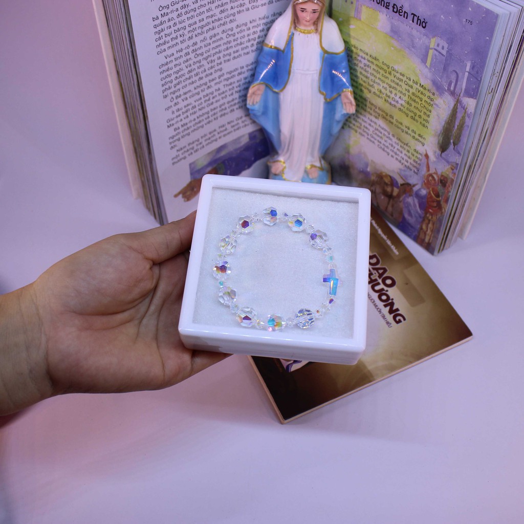Vòng tay chuỗi mân côi pha lê Áo Swarovski cao cấp hạt tròn giác cạnh 10ly