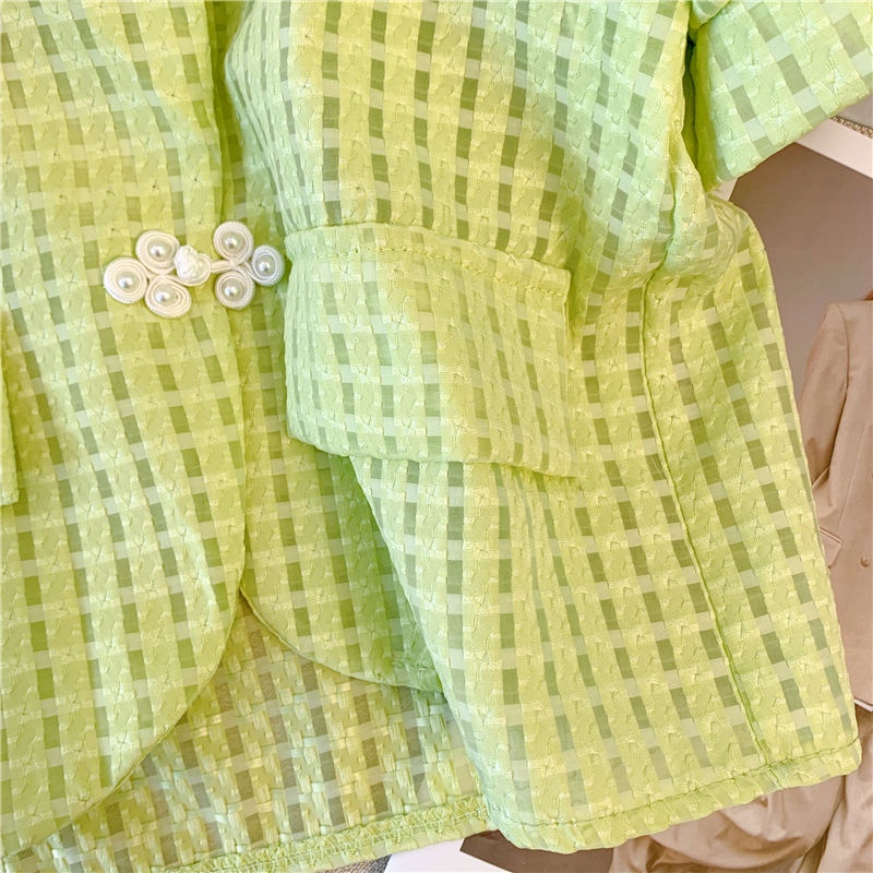 Áo Sơ Mi Ngắn Tay Cổ Vuông Họa Tiết Kẻ Ô Thiết Kế Mới Thời Trang Mùa Hè Theo Phong Cách Trung Hoa