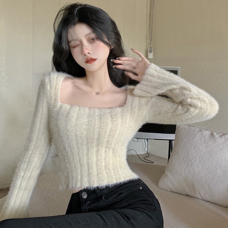 Áo Croptop Dệt Kim Tay Dài Cổ Vuông Màu Sắc Trơn Phong Cách Hàn Quốc Thời Trang Cho Nữ