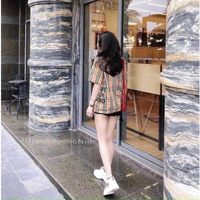 Áo sơ mi kẻ in chữ BB fom rộng cá tính