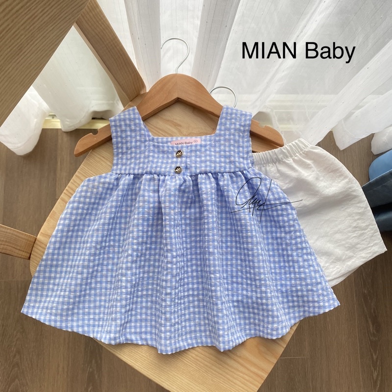 Bộ sát nách cổ vuông dáng baby doll caro xanh cho bé gái MIAN Baby