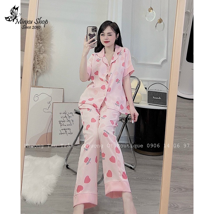 Bộ mặc nhà Pijama  áo ngắn tay quần dài, vải LỤA CAO CẤP QUẦN DÀI - MỀM MỊN - MÁT MẺ - SANG SỊN MỊN