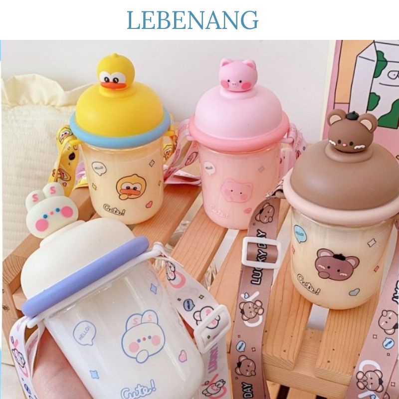 Bình nước cute nắp kín hình thú 435 ml kèm dây đeo tặng kèm LEBENANG