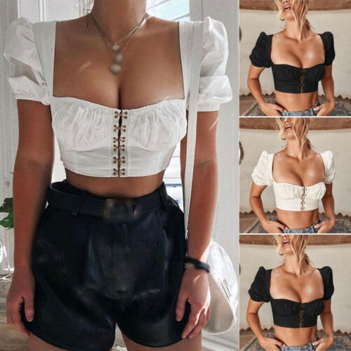 Áo Croptop Tay Ngắn Phối Bèo Thiết Kế Ôm Sát Tôn Dáng