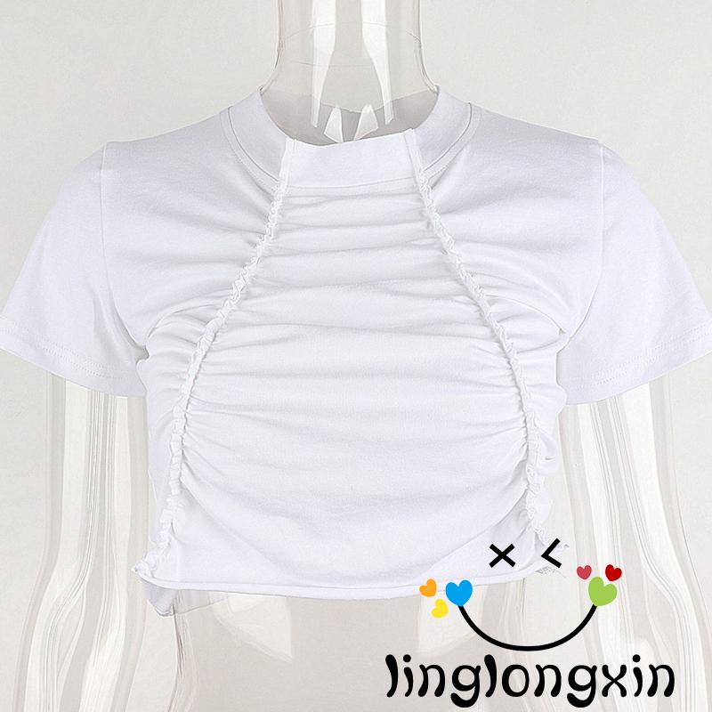 Áo Thun Croptop Tay Ngắn Cổ Cao Màu Trơn Thời Trang Cho Nữ Linglongxi2