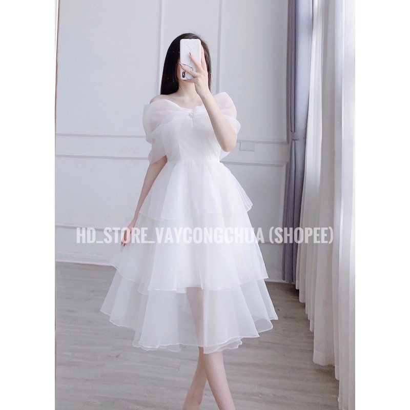V60 VÁY DỰ TIỆC, DẠ HỘI KỶ YẾU PROM, ĐẦM TRẮNG TRỄ VAI CÔNG CHÚA TIỂU THƯ XOÈ TẦNG