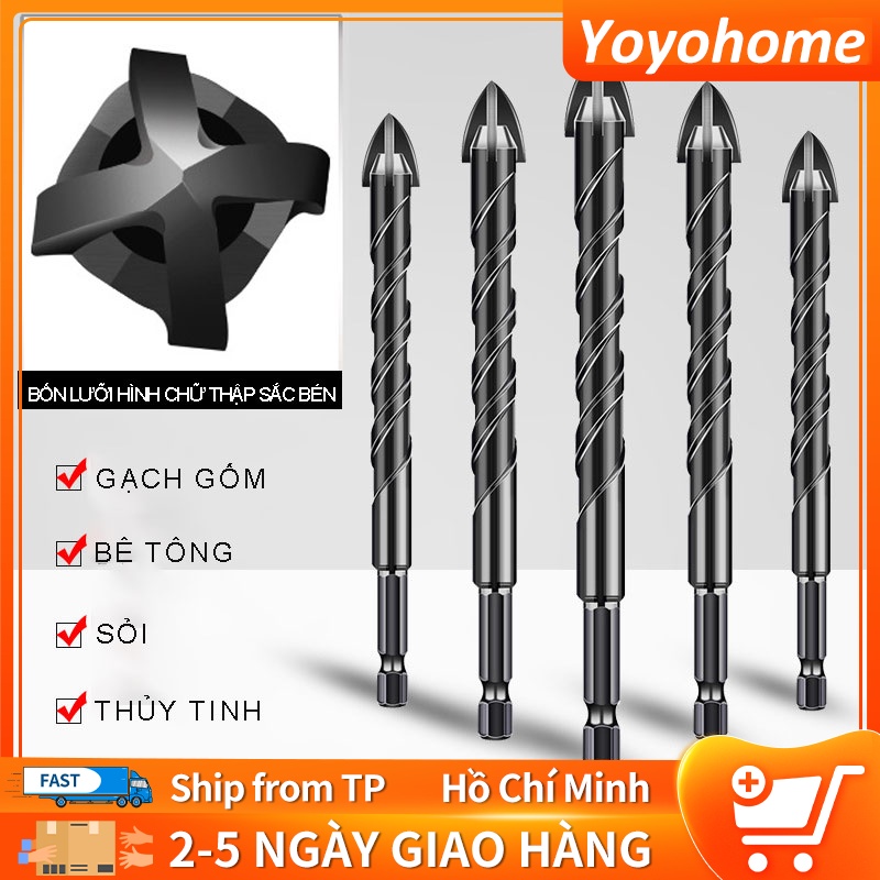 Bộ 5 mũi khoan đa năng chân lục giác 4 cạnh thép đen Nhật, khoan sắt, khoan kính thủy tinh, gạch men đá gốm
