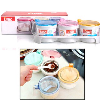 Bộ Kệ 3 Hũ Đựng Gia Vị Tròn Thủy Tinh Có Muỗng Cao Cấp Lilac