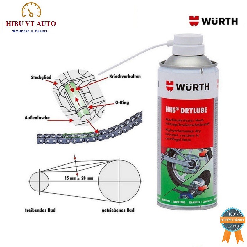 Chai Mỡ Bò Khô Wurth Hhs Drylube (400ml) 08931066 Bôi trơn bảo vệ bề mặt kim loại chống mài mòn và chống rỉ sét