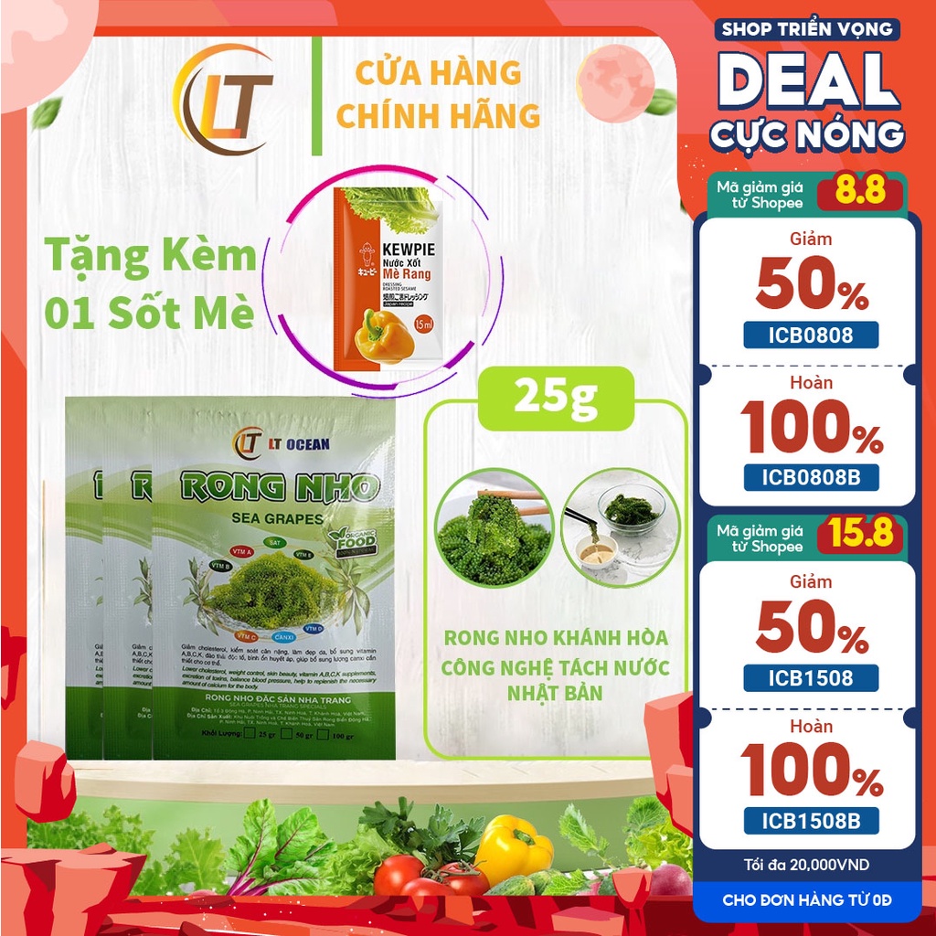 Rong nho tách nước, rong nho biển túi 10g nở ra 30g tặng thêm sốt mè rang KEWPIE 15ml