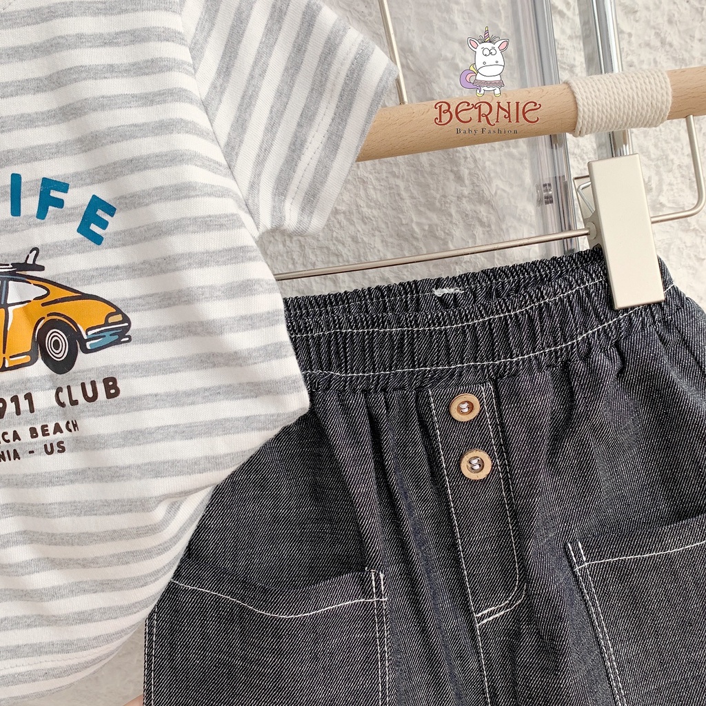 Bộ cotton hoạ tiết ô tô quần giả bò bé trai, set quần áo oto quần giả jean đẹp cho bé Bernie