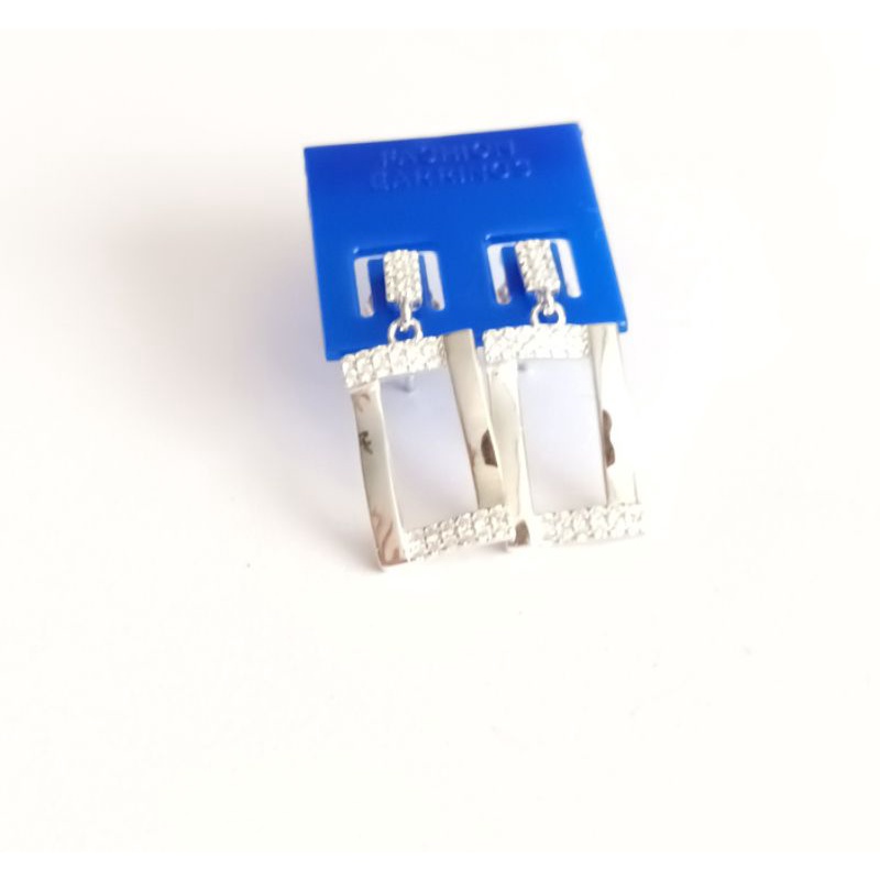 Bông tai bạc hình chữ nhật đính đá pha lê trắng bảo hành vĩnh viễn